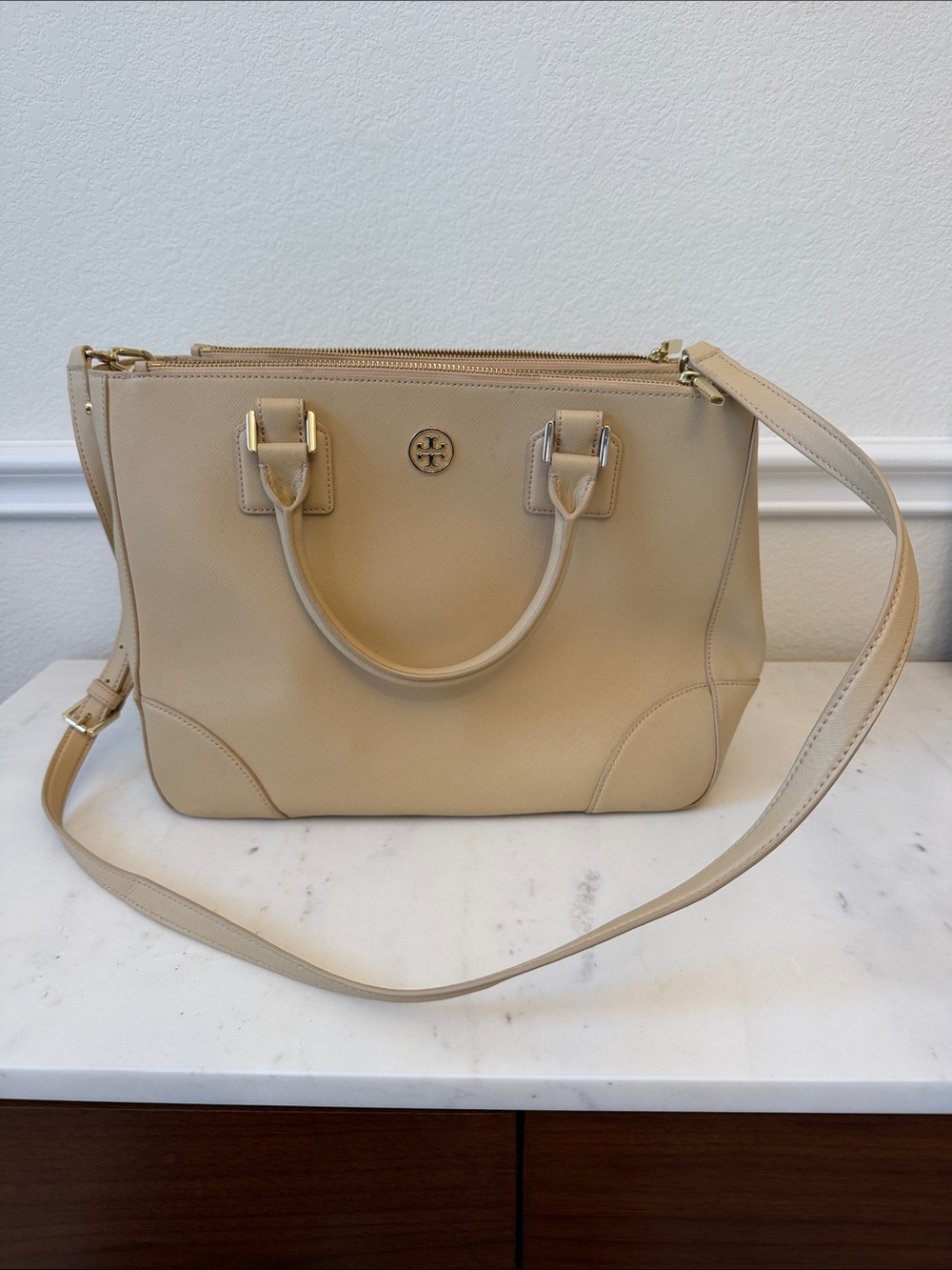 Tory Burch Beige Leather Satchel with Shoulder Strap and Gold Hardware